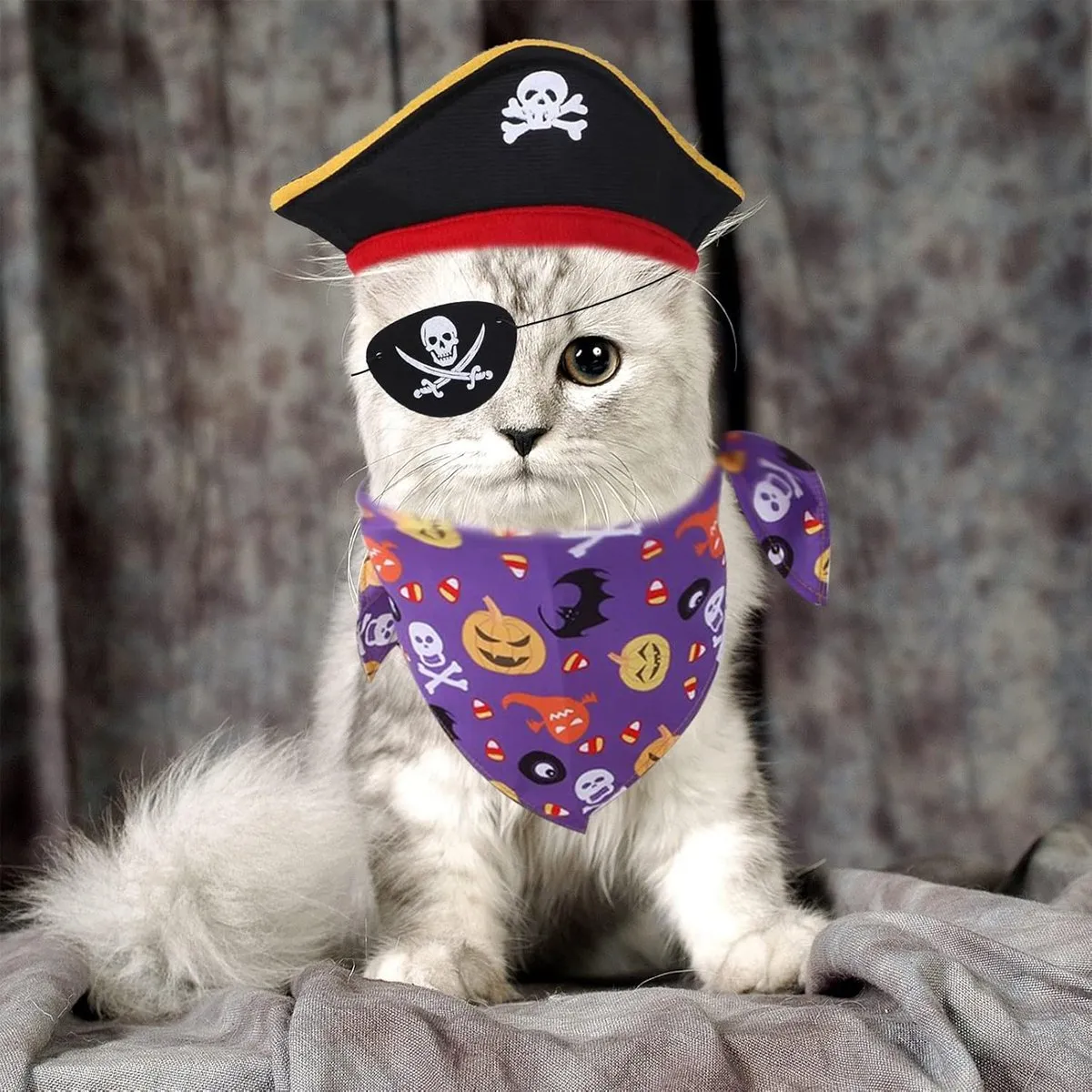 Halloween Pirate Hat Skeleton Cat Pumpkin Triangle Towel Suit for Pets