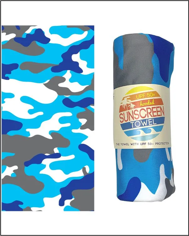 Hooded Child Sunscreen Towel - Blue Camo