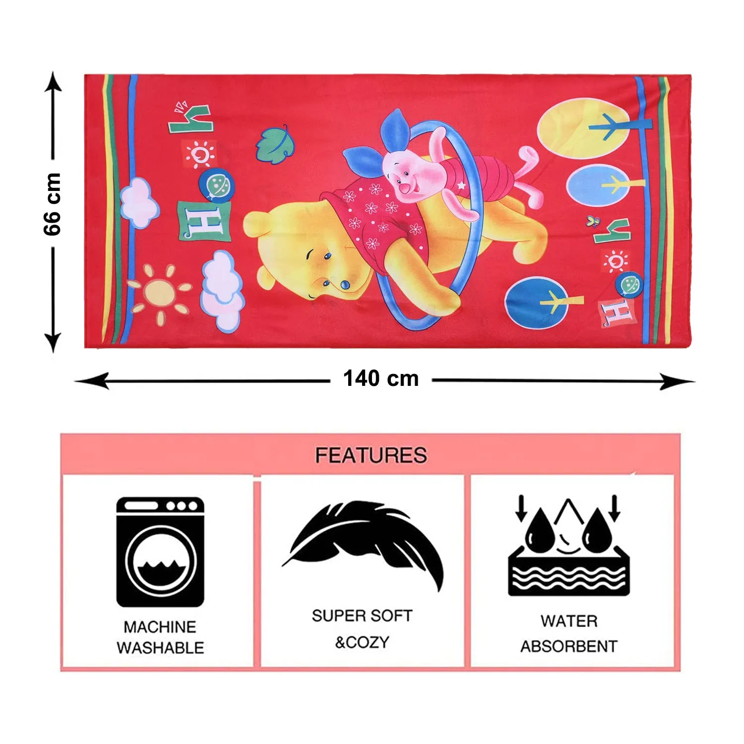 Kuber Industries Kids Bath Towel|Soft Cotton & Sides Stitched Baby Towel|Microfibered Winnie The Pooh and Piglet Pattern Toddler Towel,55x26 Inch (Red, 100 GSM)