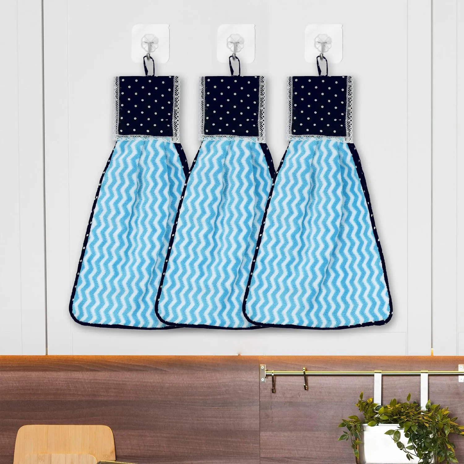 Kuber Industries Napkin | Washbasin Hanging Napkin | Kitchen Towel with Ties | Napkin for Kitchen | Zig Zag Napkin for Bathroom | Hand Towel for Kitchen | Pack of 3 | Blue