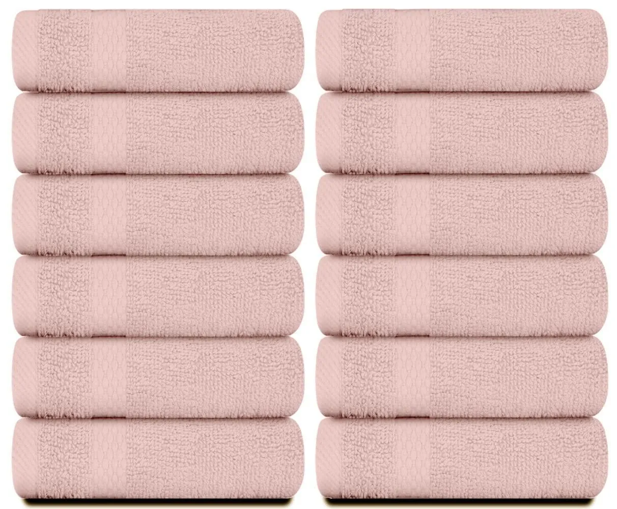 Luxury Cotton Washcloths Large Hotel Bathroom Face Towel 12 Pack Pink 13x13 in