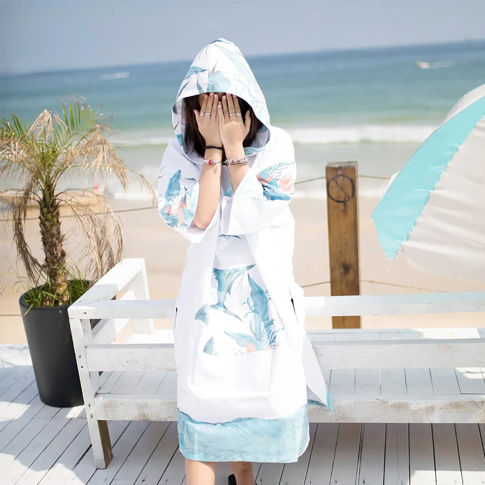 Microfiber Printing Changing Robe Bath Towel Outdoor Hooded Beach Towel Poncho Women Man Swimming Diving Bathrobe Cloak