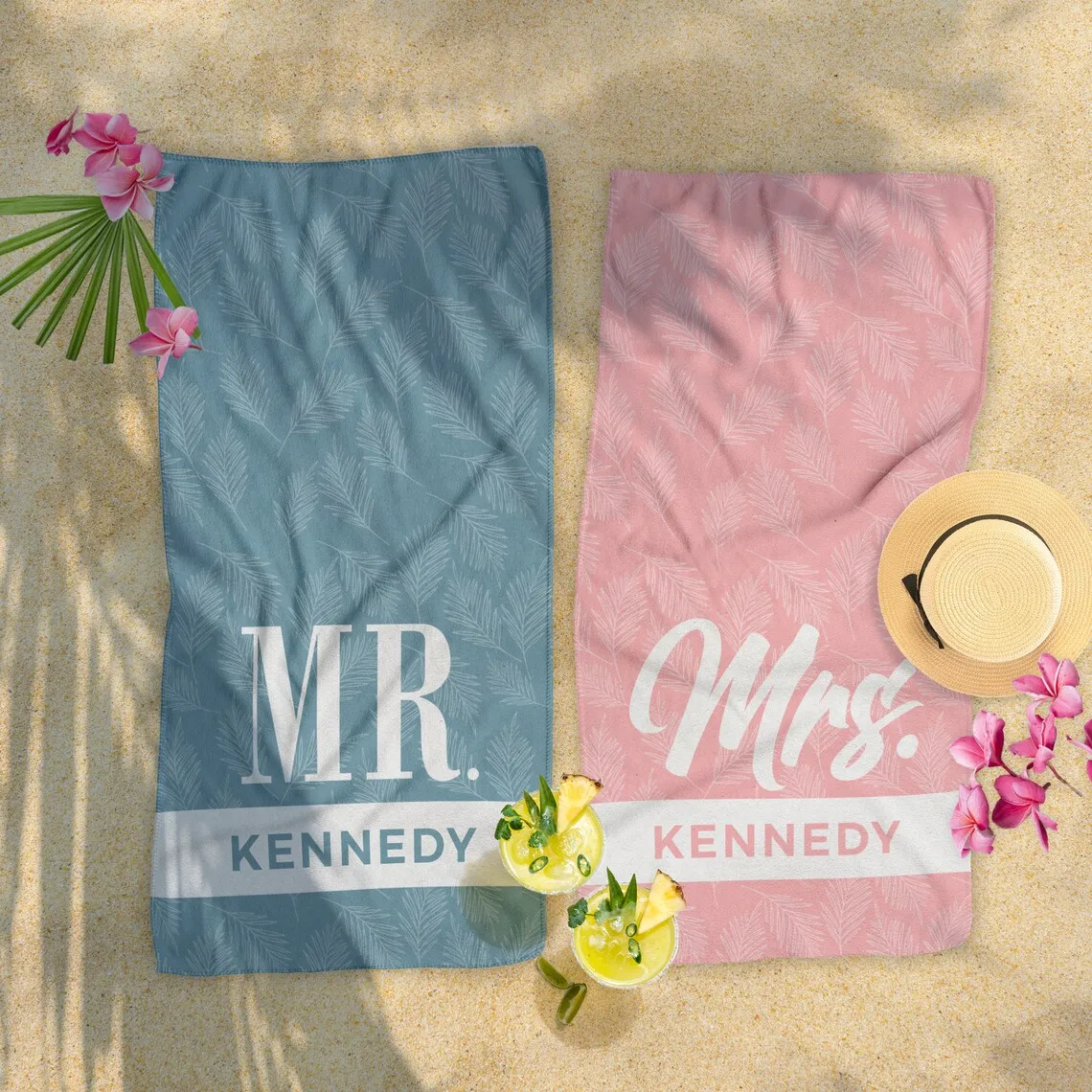 Mr. & Mrs. Personalized Beach Towel, Custom Beach Towel, Couples Beach Towel Set