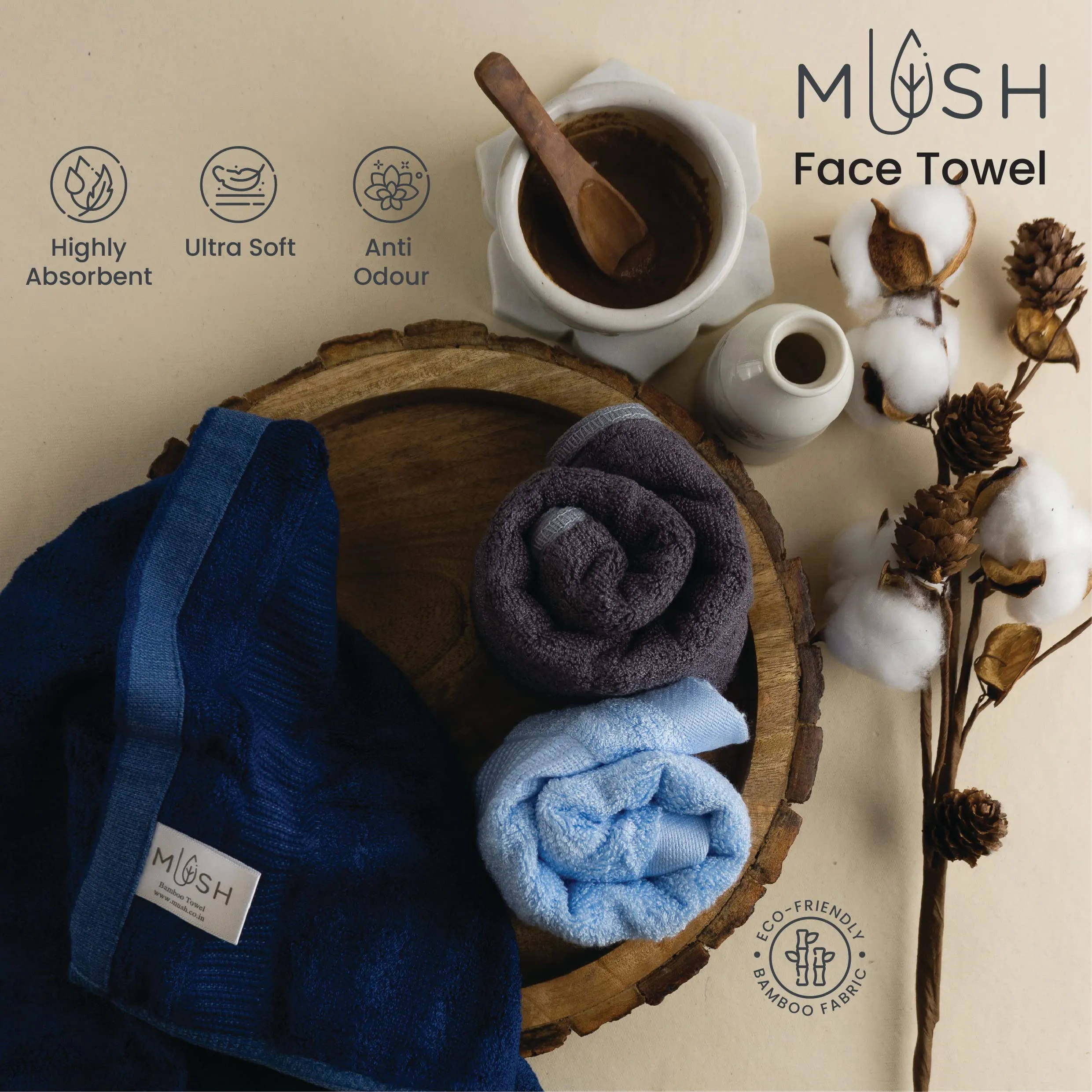 Mush 100% Bamboo Face Towel | Ultra Soft, Absorbent, & Quick Dry Towels for Facewash, Gym, Travel | Suitable for Sensitive/Acne Prone Skin | 13 x 13 Inches | 500 GSM Pack of 3