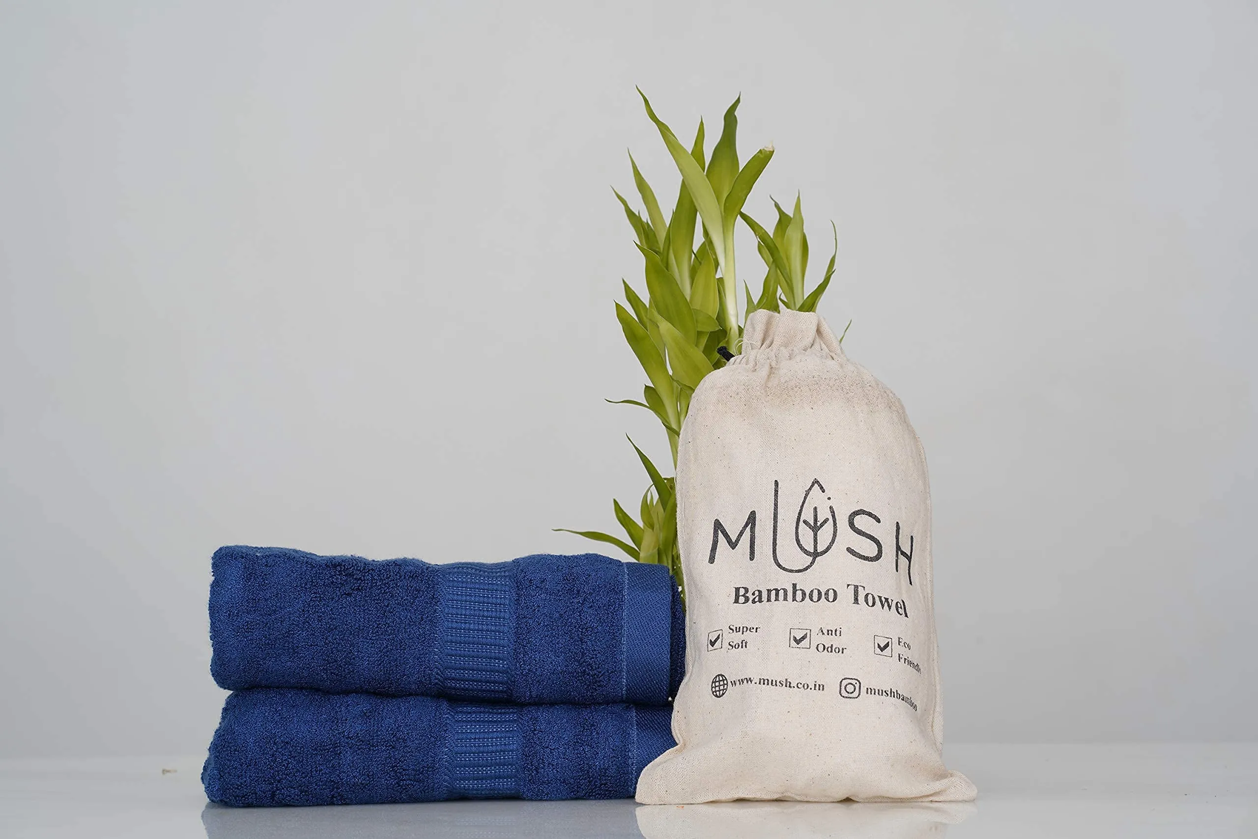 Mush Bamboo Hand Towel Set of 2 | 100% Bamboo | Ultra Soft, Absorbent & Quick Dry Towel for Daily use. Gym, Pool, Travel, Sports and Yoga | 75 X 35 cms | 600 GSM (Navy Blue)