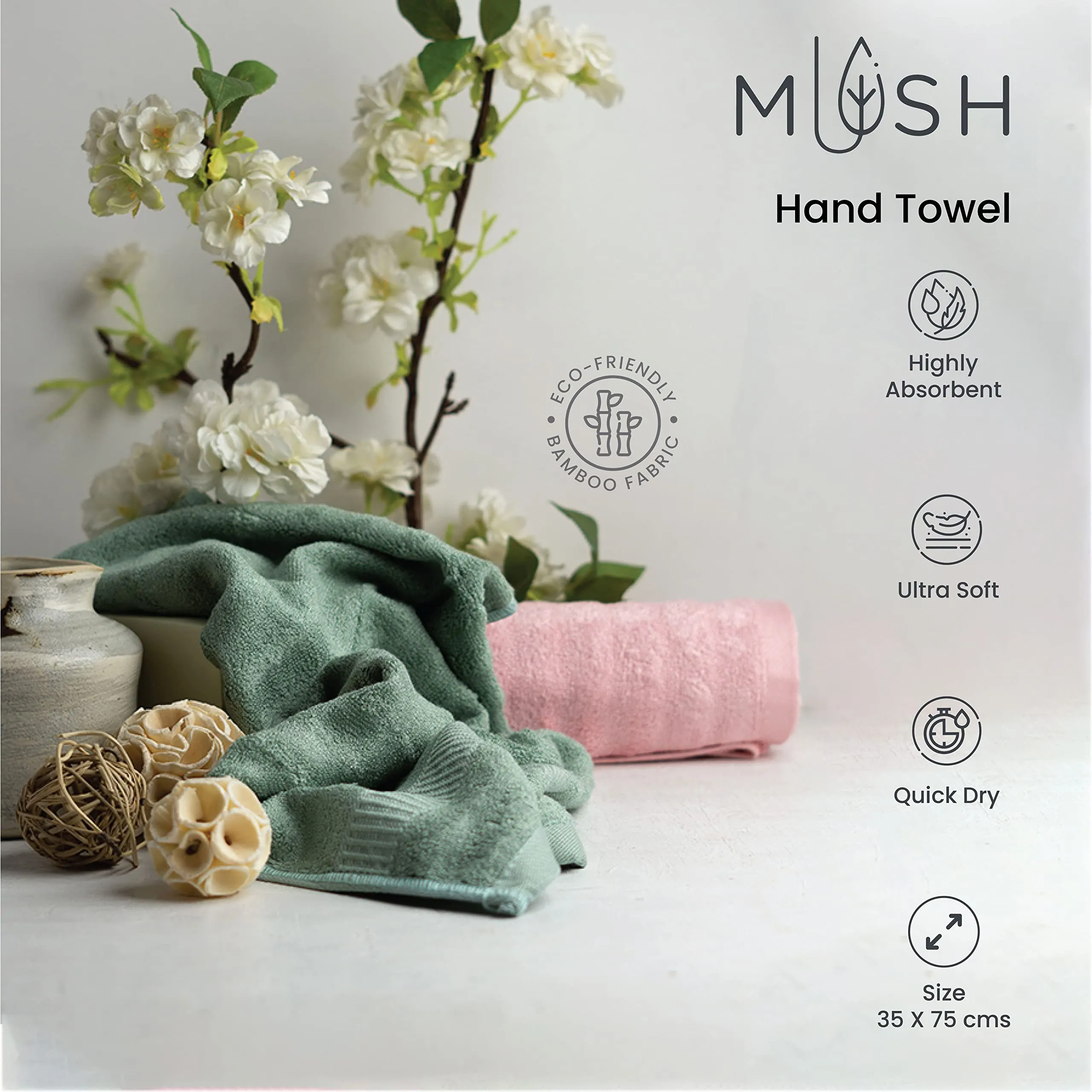 Mush Bamboo Hand Towel Set of 2 | 100% Bamboo | Ultra Soft, Absorbent & Quick Dry Towel for Daily use. Gym, Pool, Travel, Sports and Yoga | 75 X 35 cms | 600 GSM (Sky Blue & Pink)