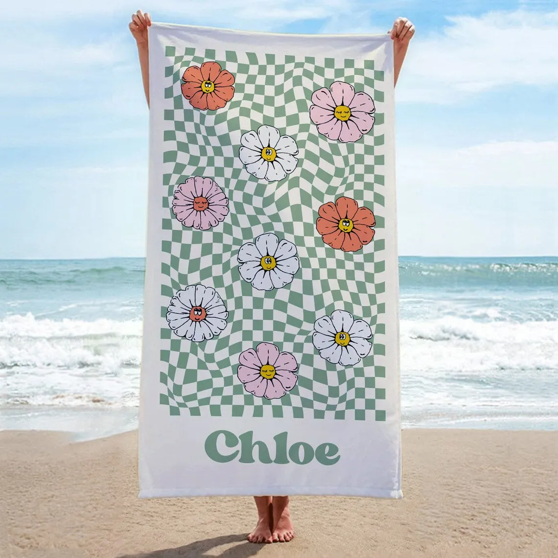 Personalized Checker Flowered Hippie Name Towel, Boho Custom Pool Towel, Retro 70's Style, Vacation Towel, Kids or Toddler Beach Towel