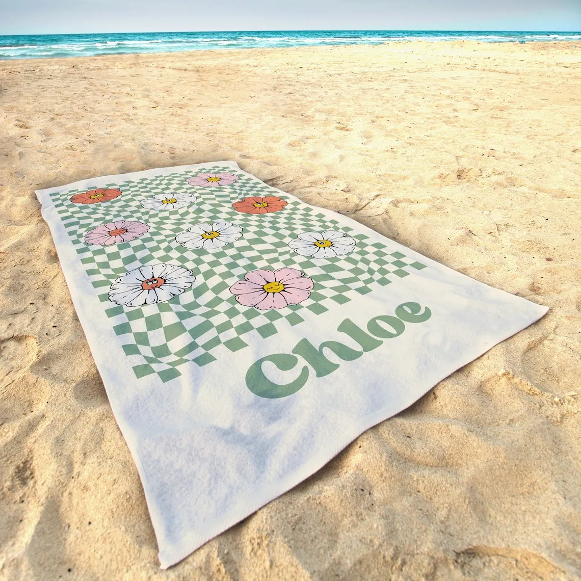 Personalized Checker Flowered Hippie Name Towel, Boho Custom Pool Towel, Retro 70's Style, Vacation Towel, Kids or Toddler Beach Towel