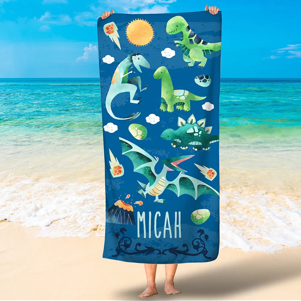 Personalized Dinosaur Cute Beach Towel, Custom Name Dinosaur Kid Towel, Gift for Boy and Girl