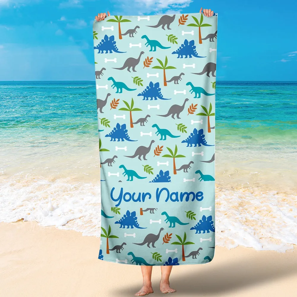 Personalized Dinosaur Cute Beach Towel, Custom Name Dinosaur Kid Towel, Gift for Boy and Girl