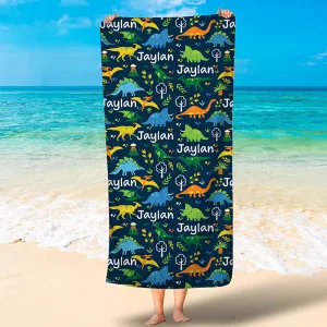 Personalized Dinosaur Cute Beach Towel, Custom Name Dinosaur Kid Towel, Gift for Boy and Girl