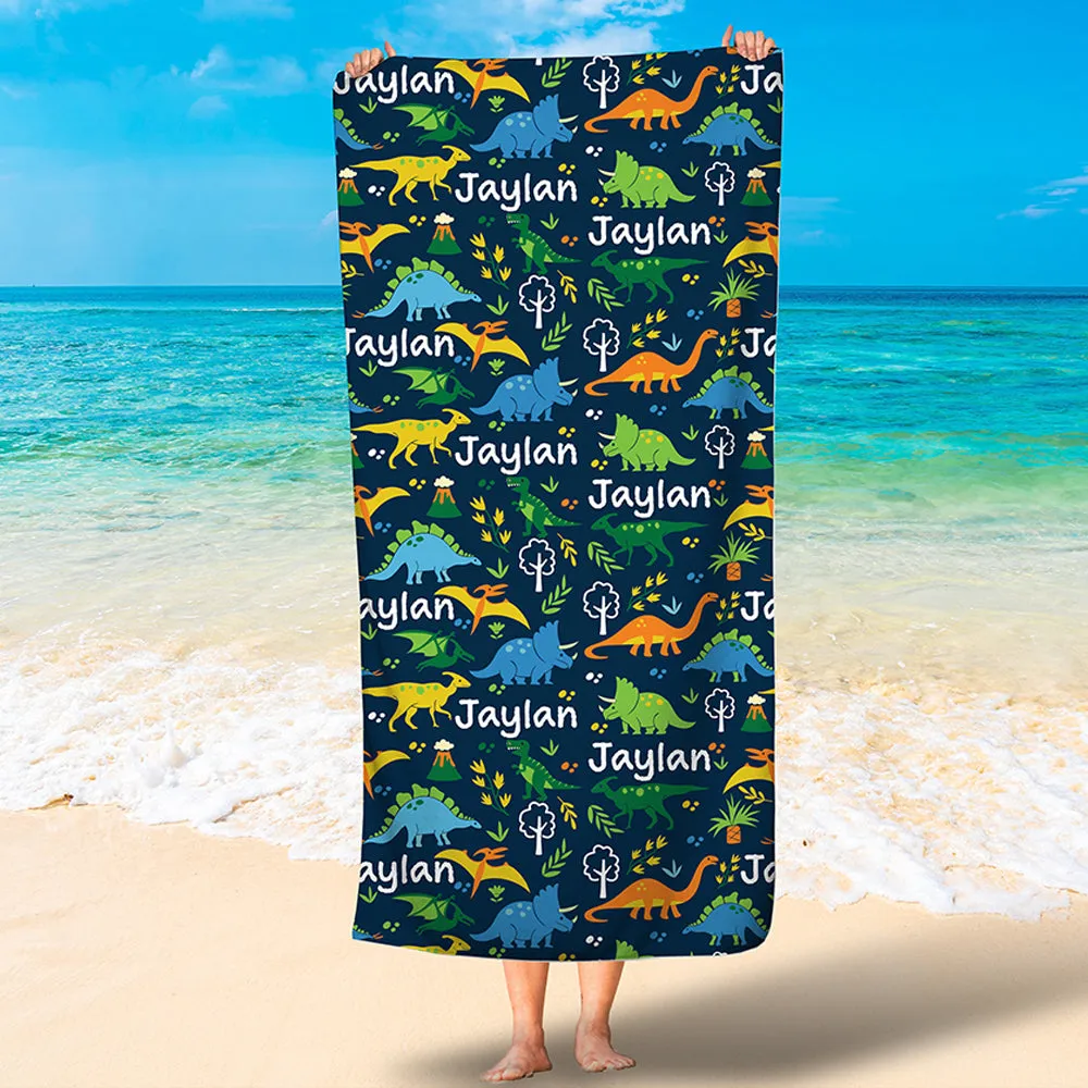 Personalized Dinosaur Cute Beach Towel, Custom Name Dinosaur Kid Towel, Gift for Boy and Girl