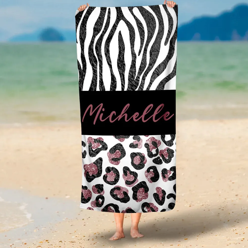 Personalized Leopard Beach Towel, Gray Leopard Pool Party Towel, Name Pool Party, Leopard Beach Towel