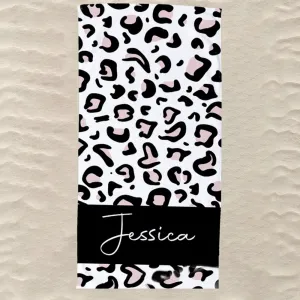 Personalized Leopard Beach Towel, Gray Leopard Pool Party Towel, Name Pool Party, Leopard Beach Towel