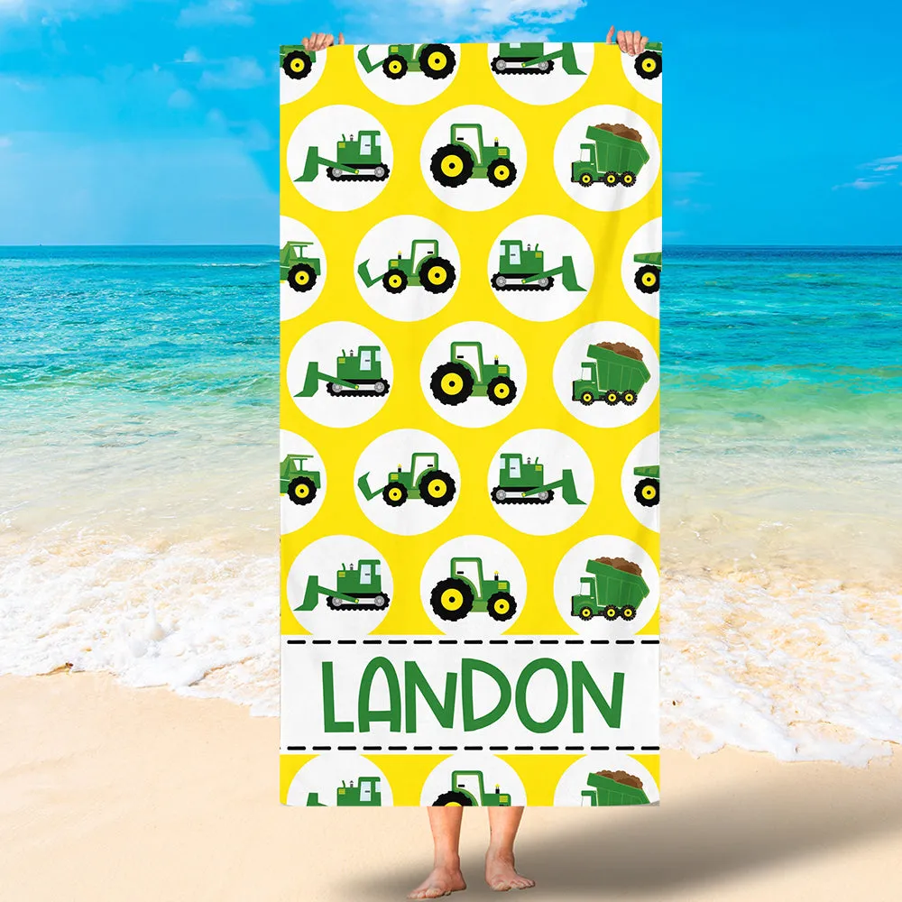 Personalized Lovely Kid Beach Towel - Green Tractor Towel - Tractor Party - Beach - Pool - Summer - Birthday - Vacation