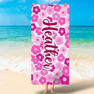 Personalized Pink Flower Pattern Beach Towel, Custom Name Beach Towel, Flower Towel for Her