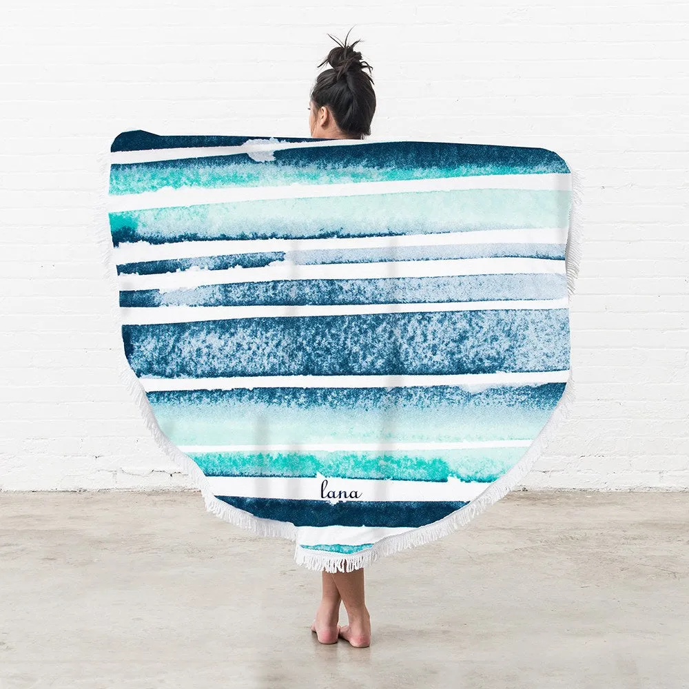 PERSONALIZED ROUND BEACH TOWEL - BLUE & WHITE STRIPED PATTERN