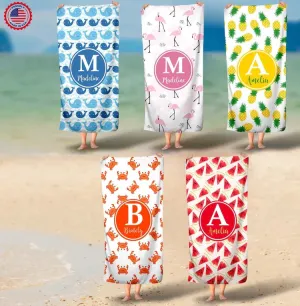 Pineapple Towel, Monogram Personalized Beach Towel, Summer Tropical Fruit Beach Towel, Crab Towel