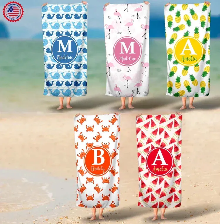 Pineapple Towel, Monogram Personalized Beach Towel, Summer Tropical Fruit Beach Towel, Crab Towel