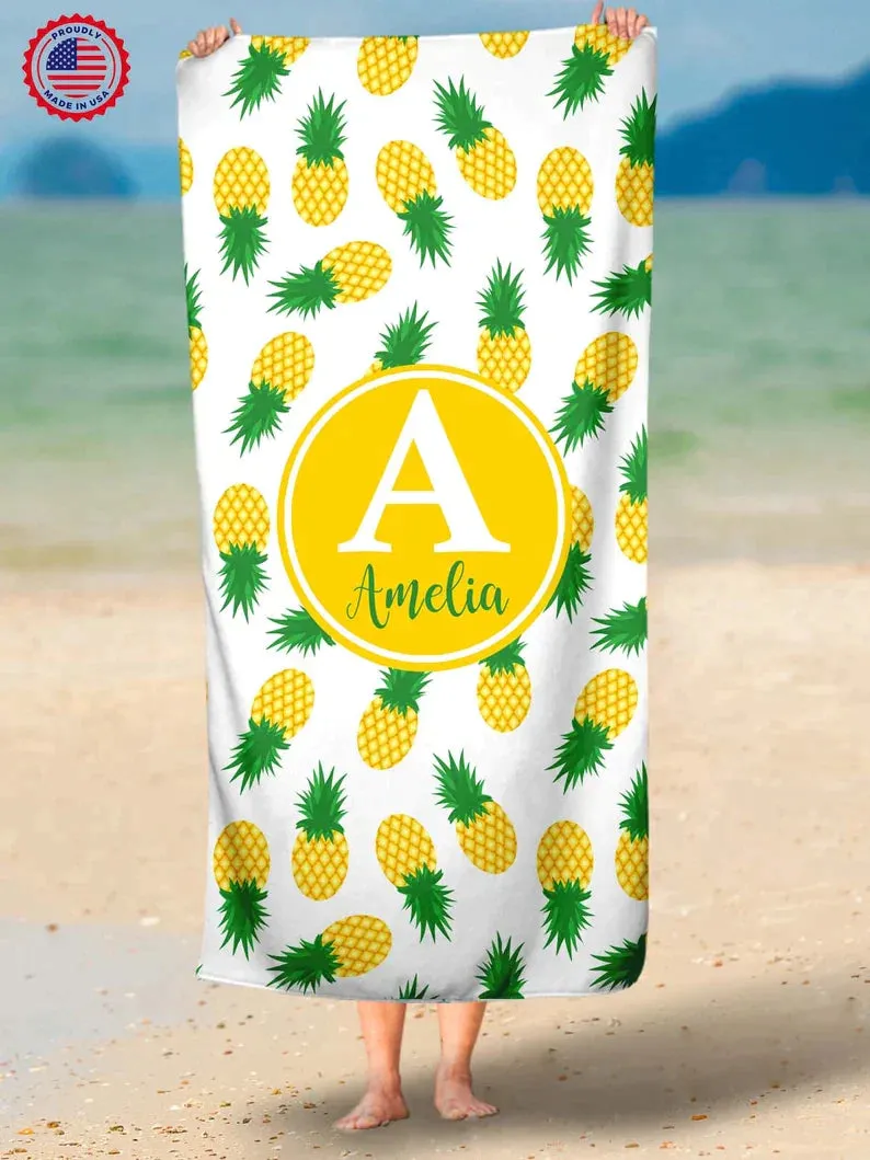 Pineapple Towel, Monogram Personalized Beach Towel, Summer Tropical Fruit Beach Towel, Crab Towel