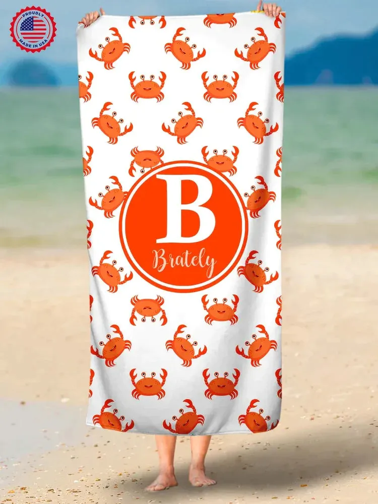 Pineapple Towel, Monogram Personalized Beach Towel, Summer Tropical Fruit Beach Towel, Crab Towel