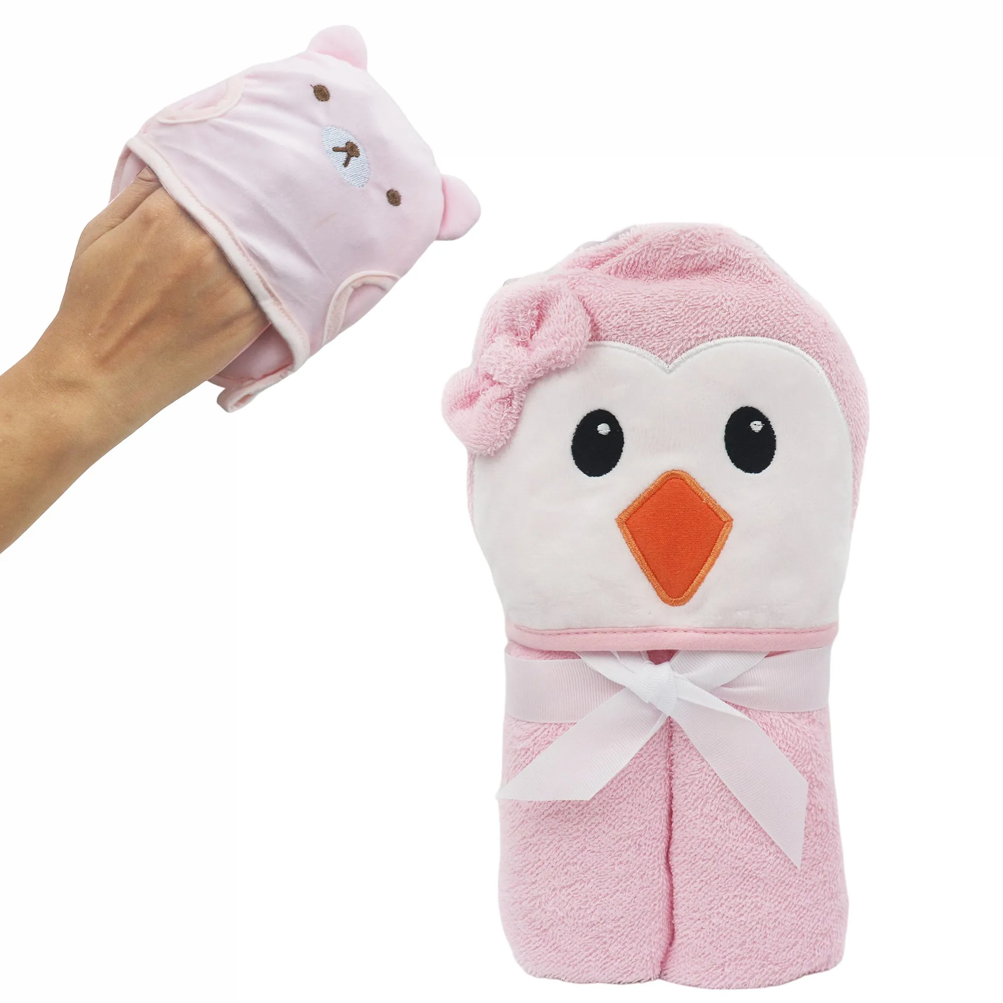 Pink Chik  Cotton Hooded Baby Bath  with Baby Loofah