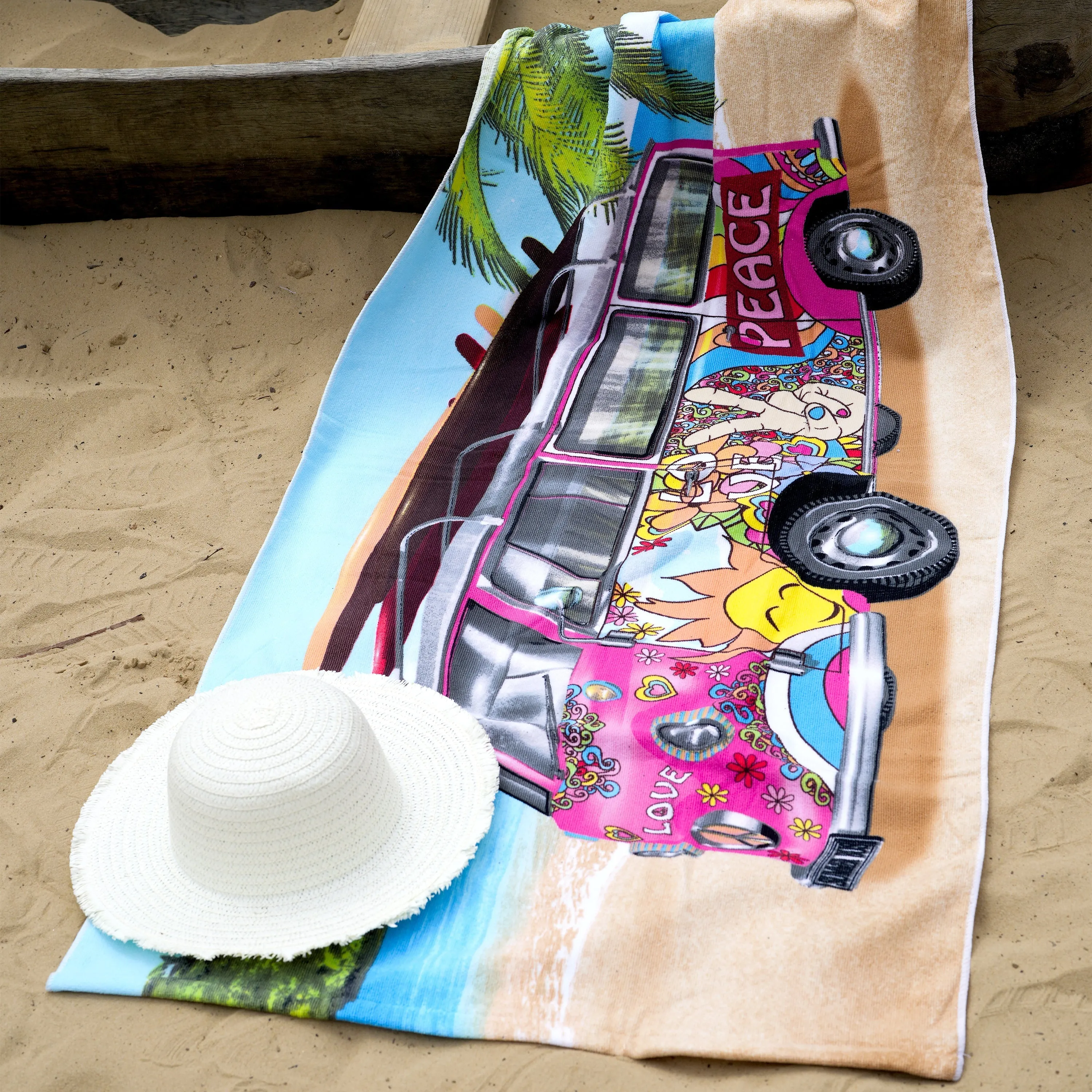 Pink Summer Bus Design Large Towel