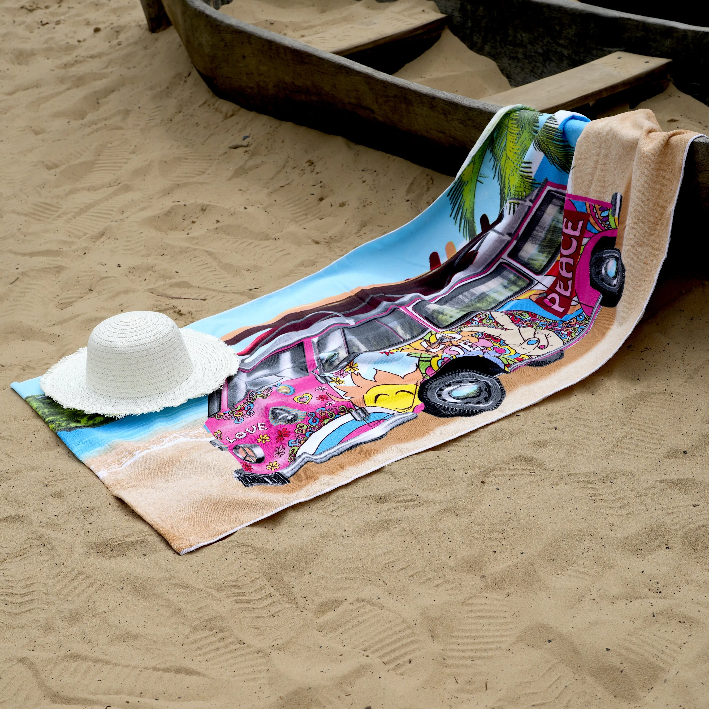 Pink Summer Bus Design Large Towel