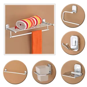 Plantex Stainless Steel 304 Grade Towel Rack with Stainless Steel 304 Grade Cute Bathroom Accessories Set 5pcs (Towel Rod/Napkin Ring/Tumbler Holder/Soap Dish/Robe Hook)