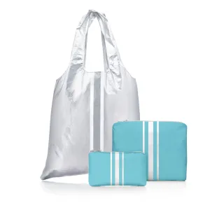 Set of Three Travel Packs - Everyday Tote Set in Silver and Capri Sea Blue